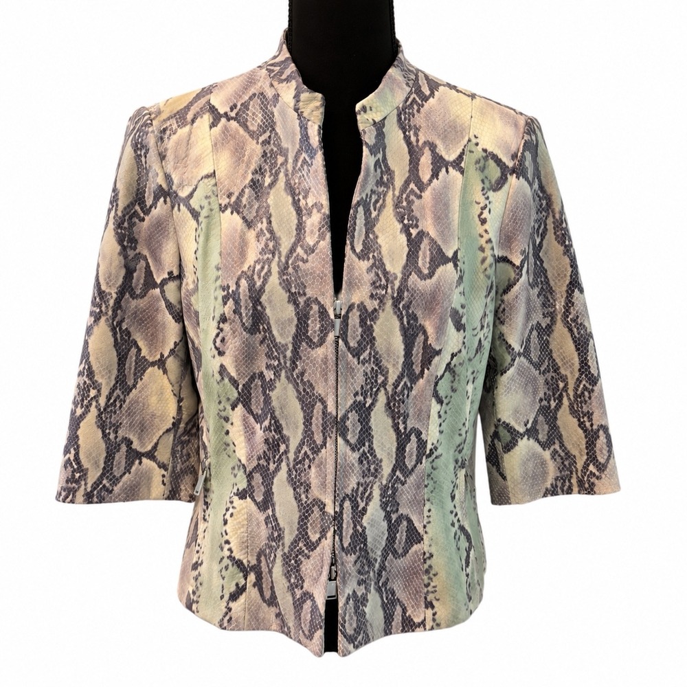 Worth New York Snakeskin Leather Jacket Womens 8 Green Purple Zip Mock Neck